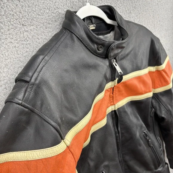 MOB Leather Jacket Mens Medium Black Orange Stripe Premium Cowhide Distressed
